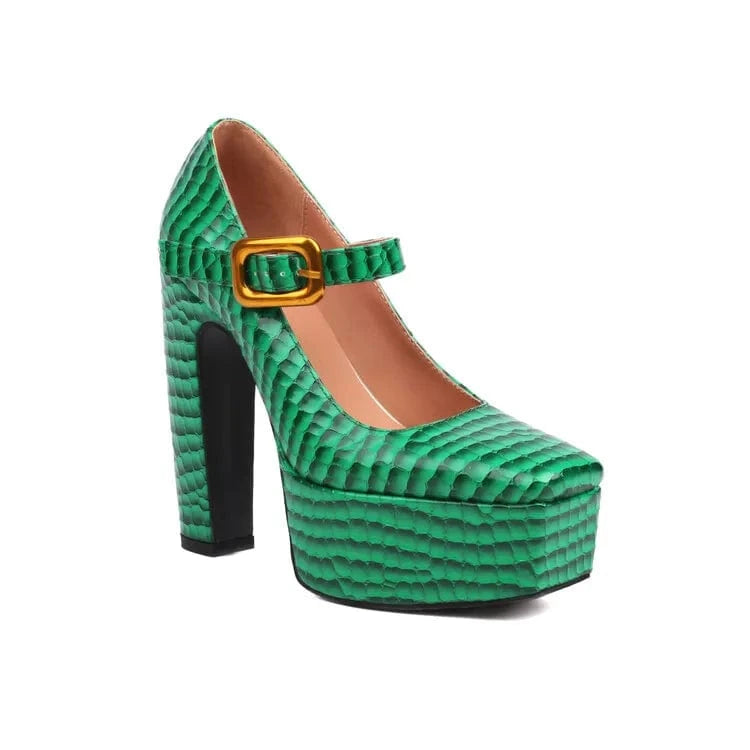 37 / Green Ladies Animal Prints Green Pumps High Platform Chunky High Heels Shoe Square Toe Women Buckle Strap Mary Jane Shoes