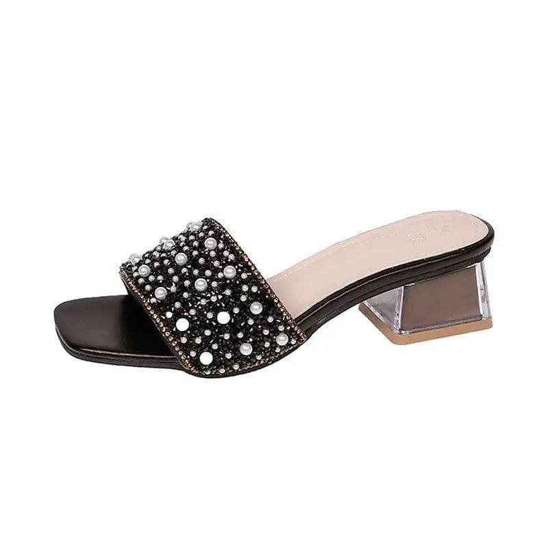 37,Insole length 235MM / black1 rhinestones Slippers women rough high heels flip-flops lazy bow rhinosin cool drag women shoes large size 35-43