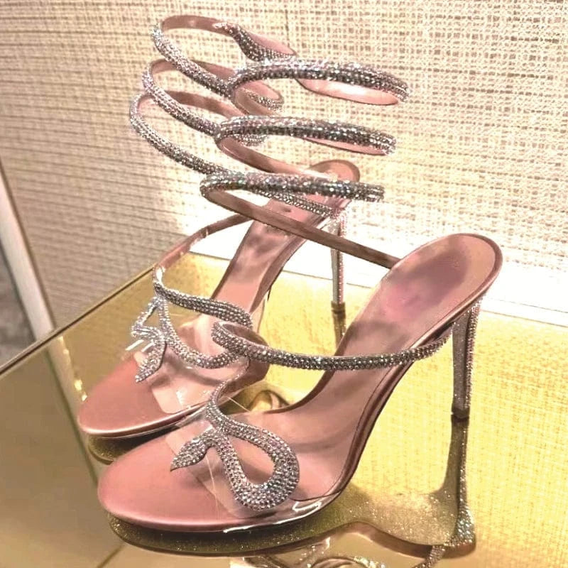 37 / Pink Chaussures Femme Sexy Transparent Rhinestone Decor Mujer Shoes Cross Strap Lace Up High Heel Sandals Ladies Dating Party Sandals
