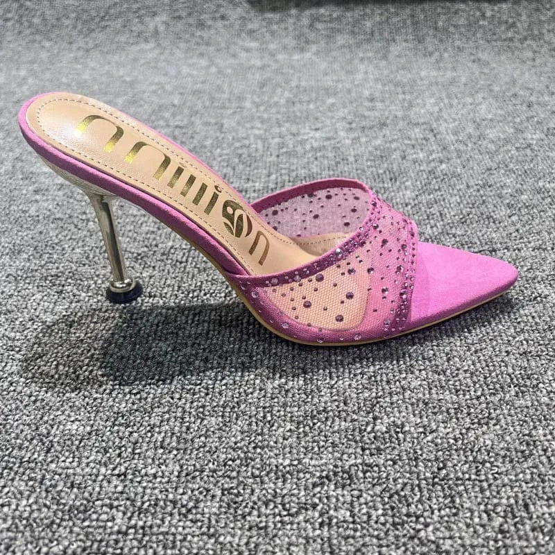 37 / Pink Dropshipping Custom Logo Mesh Rhinestone Sexy Stiletto Heeled Sandals Pointed Toe High Heels Slippers for Women