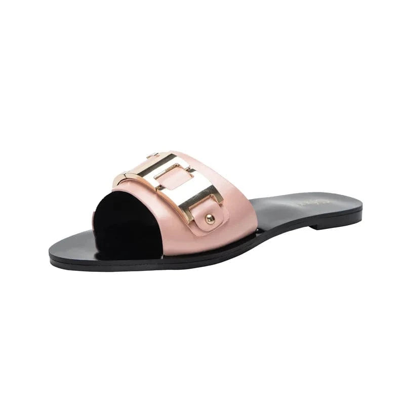 37 / Pink Fashion Metal Buckle Women Slippers PU Solid Mirror Casual Summer Female Flip Flops Sandals