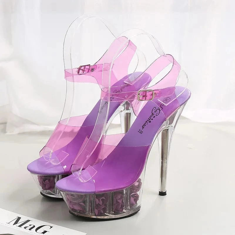 37 / Purple sandals Stylish Women Heel Shoes 15 CM High Heels Flower Platform Slippers Thin Heel Sandals for Women and Ladies