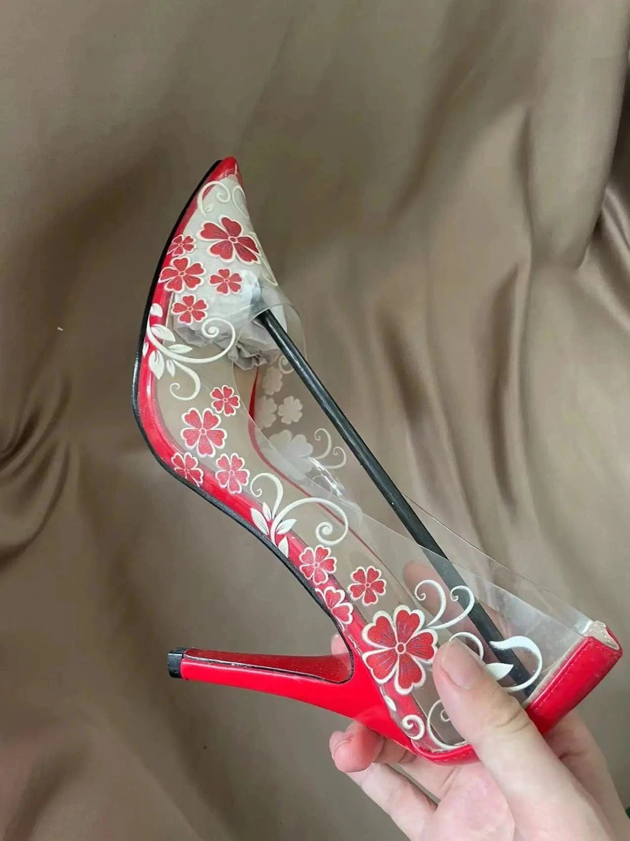 37 / Red J&H 2022 hot sale clear heels with pointed toe women sexy floral print transparent heels stiletto shoes
