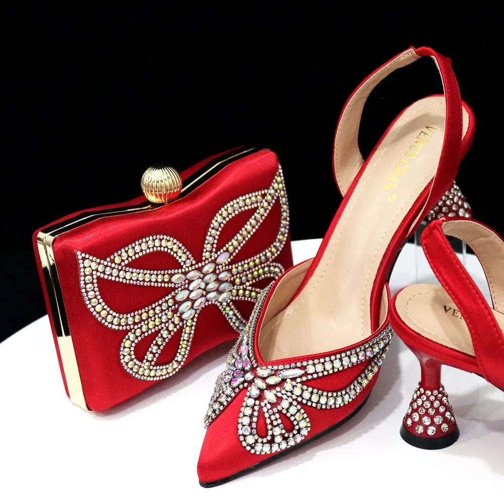 37 / Red Pointed women's rhinestone sandals paired with the same square box bag shoe bag combination set women's shoes and bag set