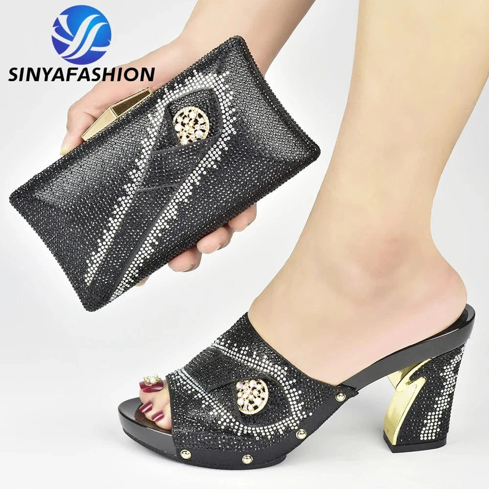 37 / SAB 4475-2 Black Rhinestone High Heels Sandal & Matching Bag Set