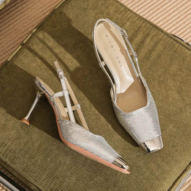 37 / Silver 7.5cm Chaussures Femme Luxury Shiny Metal Sequined Decor Shoes Square-toe Slingback High Heel Sandals Ladies Party Nightclub Sandalias