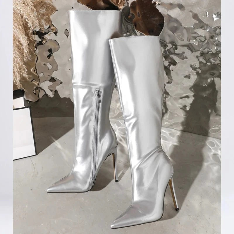 37 / silver Aneikeh 36-42 Party Ball Women Checkered Fashion Sexy PU Snake Skin Pattern Mid-Calf Modern Boots 2024 Pointed Thin Heels Boots