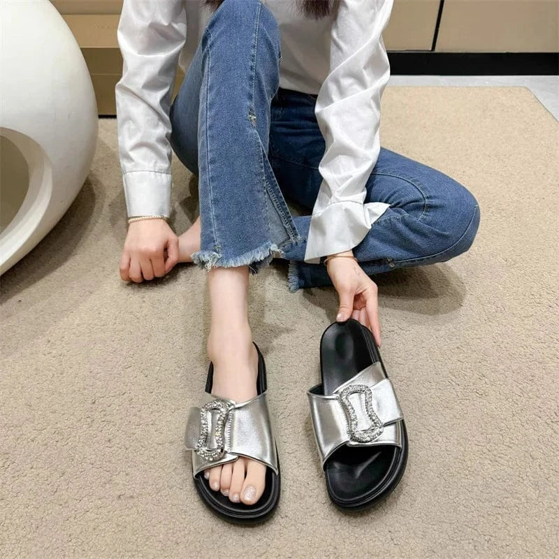37 / silver Dropshipping Custom Logo 2024 Summer New Sliver Rhinestone Buckle Slippers Breathable and Anti-Slip Ladies Flat Sandals