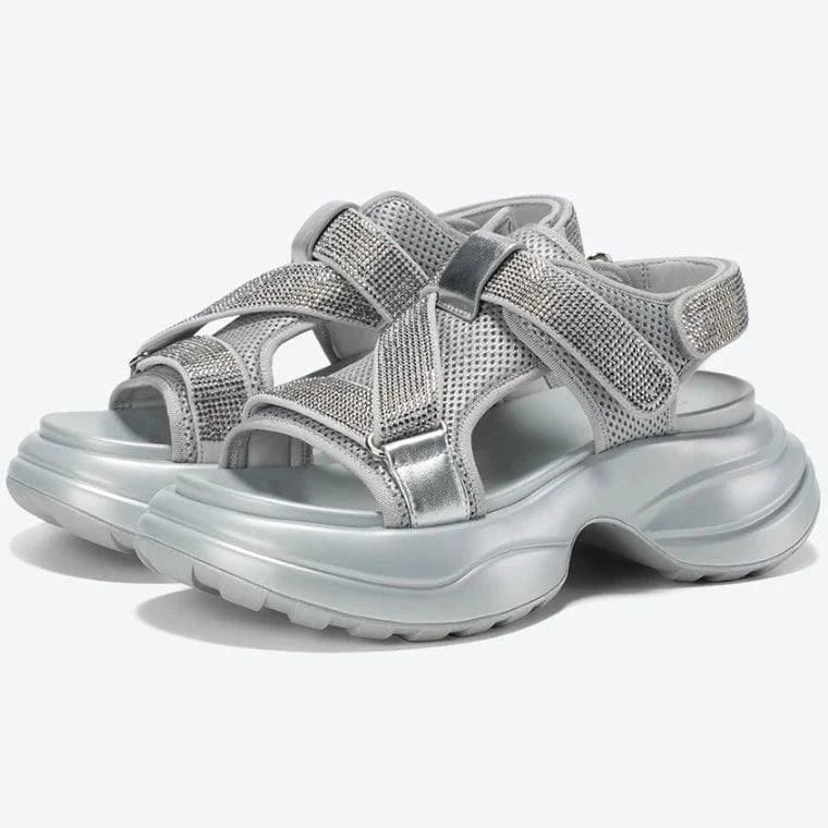 37 / silver Dropshipping Custom Logo Genuine Leather Rhinestone Women's Wedges Sandals Chunky Platform Sandal Shoes