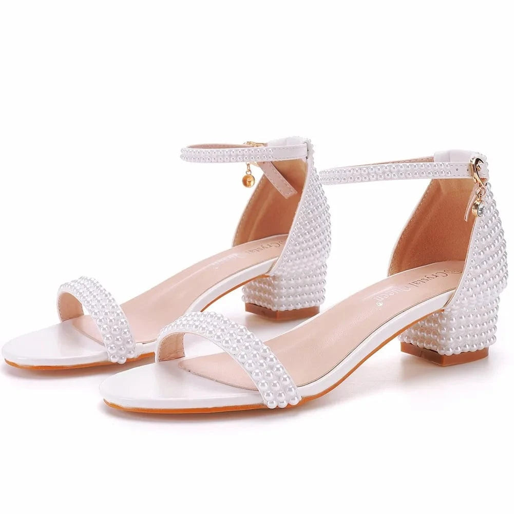 37 / White 4cm Chaussures Femme Autumn New Fashion Pearls Decor Dating Sandalias PU Round Toe Slip-toe Chunky Heels Sandals Women Wedding Shoes