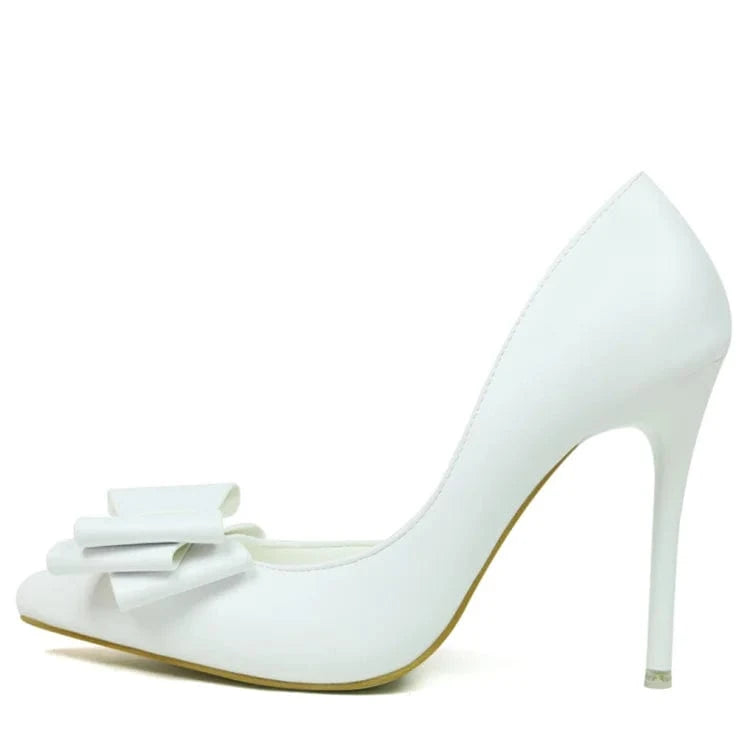 37 / White Pu bow at the side of pointed toe high heel shoes