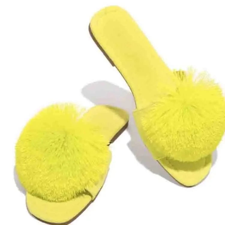37 / Yellow Beautiful hot sell soft fur women's sandals fluffy sandals fur slides fluffy slippers for women