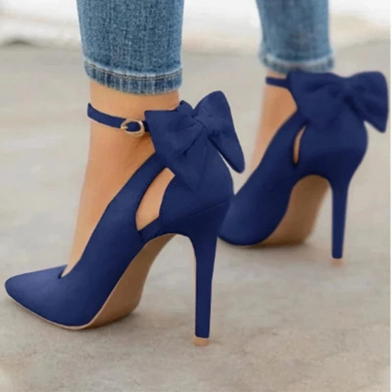 38 / 1 8CM Fashion Plus Size 34-43 Bowknot Shoes Women Pointed Toe High Heels Woman Thin Heels Ladies Sexy Pumps Ladies Buckle Strap Shoes