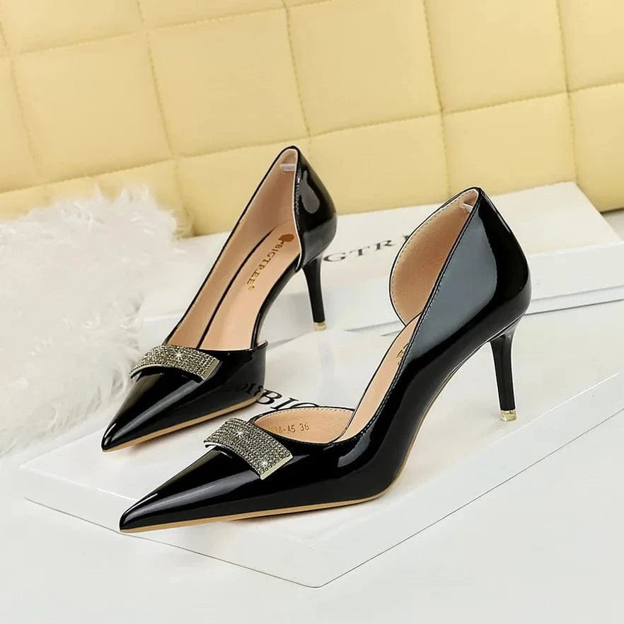 38 / 2 Btree 34-40 Banquet women's shoes Fine heeled patent leather pointed side hollowed out rhinestone metal decorative high heels