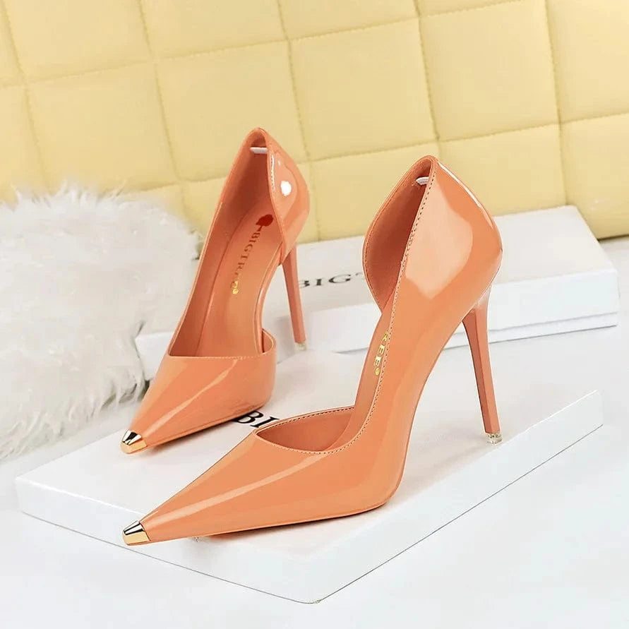 38 / 8829-5 Orange Red 10.5cm Sexy Women Pumps Hot Sale Patent Leather Metal Decor Shoes Shallow Side Hollow Out Super High Heel Pumps Ladies Club Party Shoes