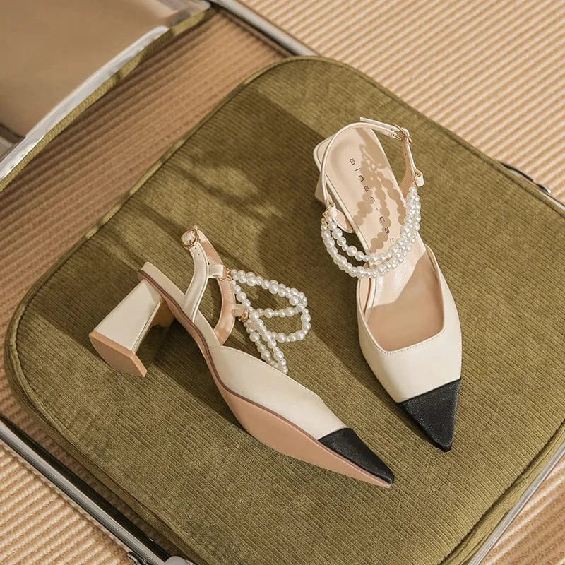 38 / Apricot 6.5cm Chaussures Femme Comfortable Microfiber Pearls Chain Decor Shoes Hollow Out Slingback High Heel Sandals Ladies Banquet Sandalias