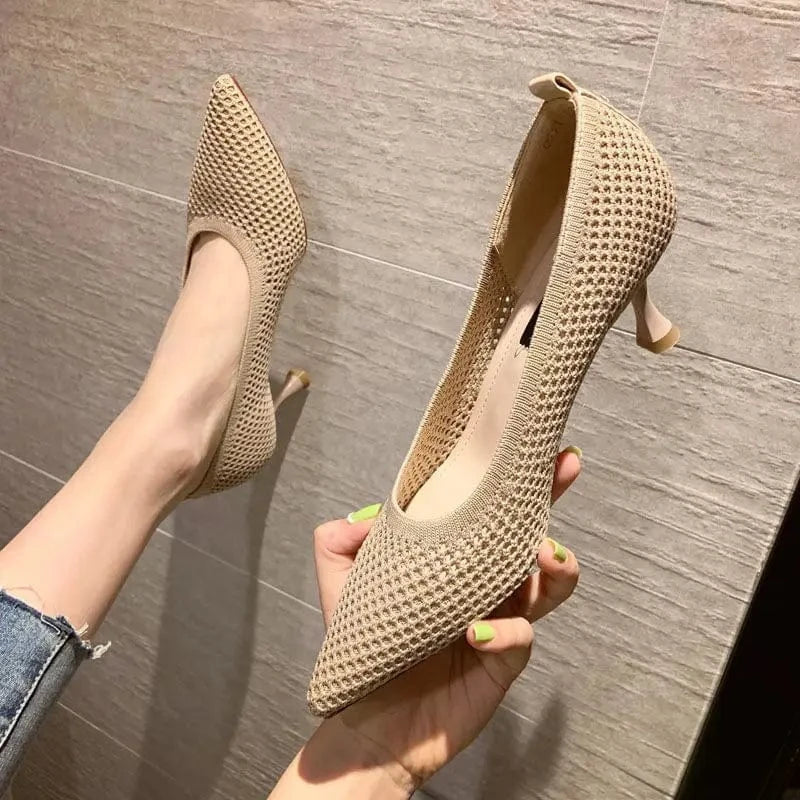 38 / Beige 5cm heels 50%OFF Women Pumps Summer Comfortable Triangle Heeled Party Shoes Stiletto Sexy Single Shoes Flying Woven Mesh Breathable Women