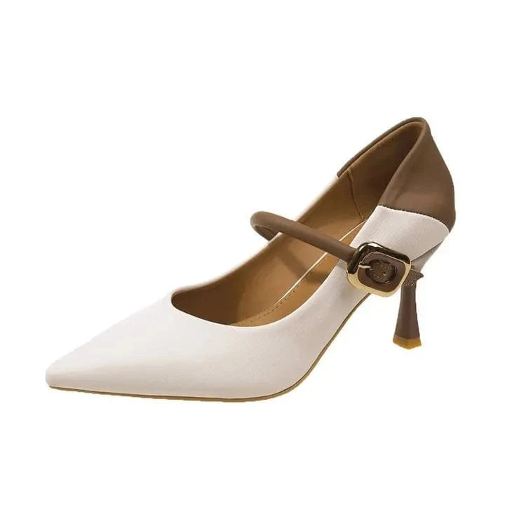 38 / Beige new Europe United States pointed head shallow mouth thin heel single shoes version low heel French Mary Jane women's shoes
