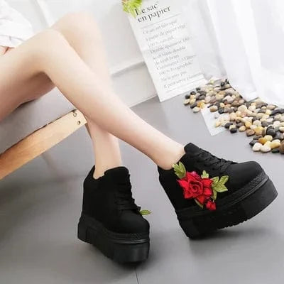 38 / Black 1 Embroidered Flowers Canvas Sneakers Women High Wedge Sneaker Fashion White/black/red Platform Sneakers Woman Casual Shoes