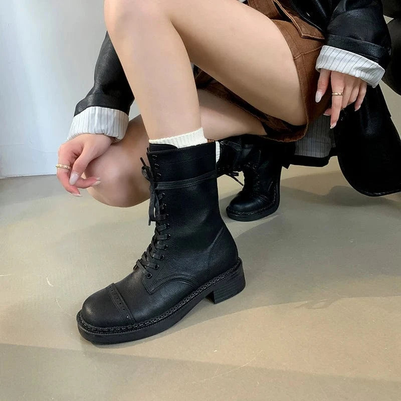 38 / Black 2025 New Comfortable Retro Strap Flat Ankle Boots Fashion Square Head Side Zipper Rider Boots Solid Color Boots Women