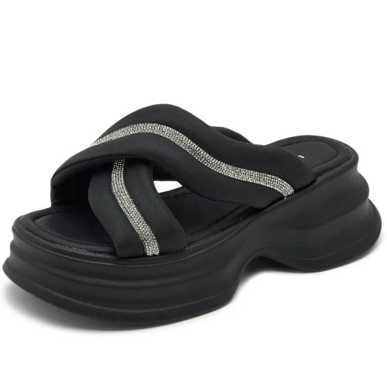 38 / Black Dropshipping Custom Logo Rhinestone Chunky Platform Sandals Women Shoes Comfortable Ladies Slides Beach Slippers
