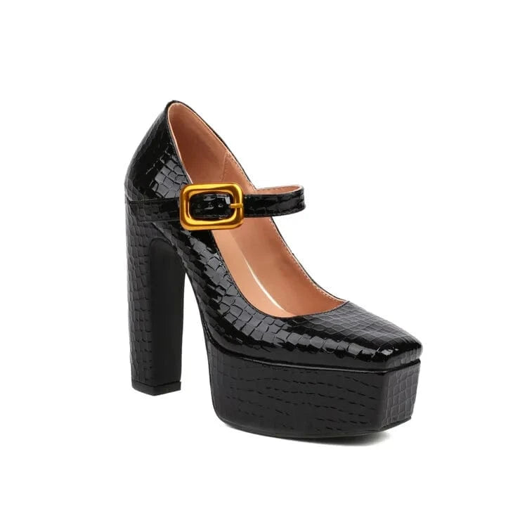 38 / Black Ladies Animal Prints Green Pumps High Platform Chunky High Heels Shoe Square Toe Women Buckle Strap Mary Jane Shoes