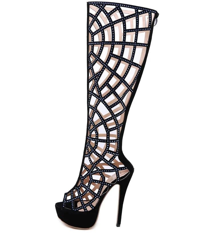 38 / Black Last design sexy women hollow stiletto high heels platform shoes knee high long boots Wholesale heels sexy open toe