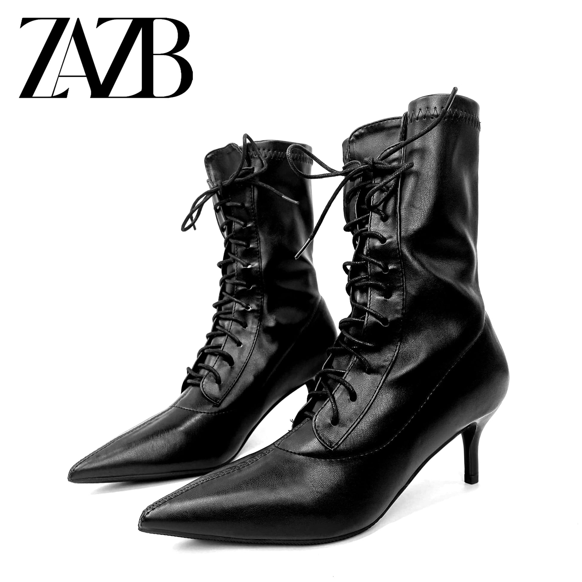 38 / Black New Winter Autumn black Stiletto boot leather Pointed Toe Ladies Boots High Heels Middle cylinder Booties Women Lace up shoes