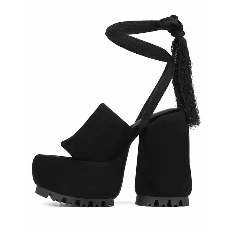 38 / Black Women Platform Shoes Sexy Solid Color Round-toe Mujer Zapatos Cross Strap Lace Up High Heel Sandals For Ladies Nightclub Sandals