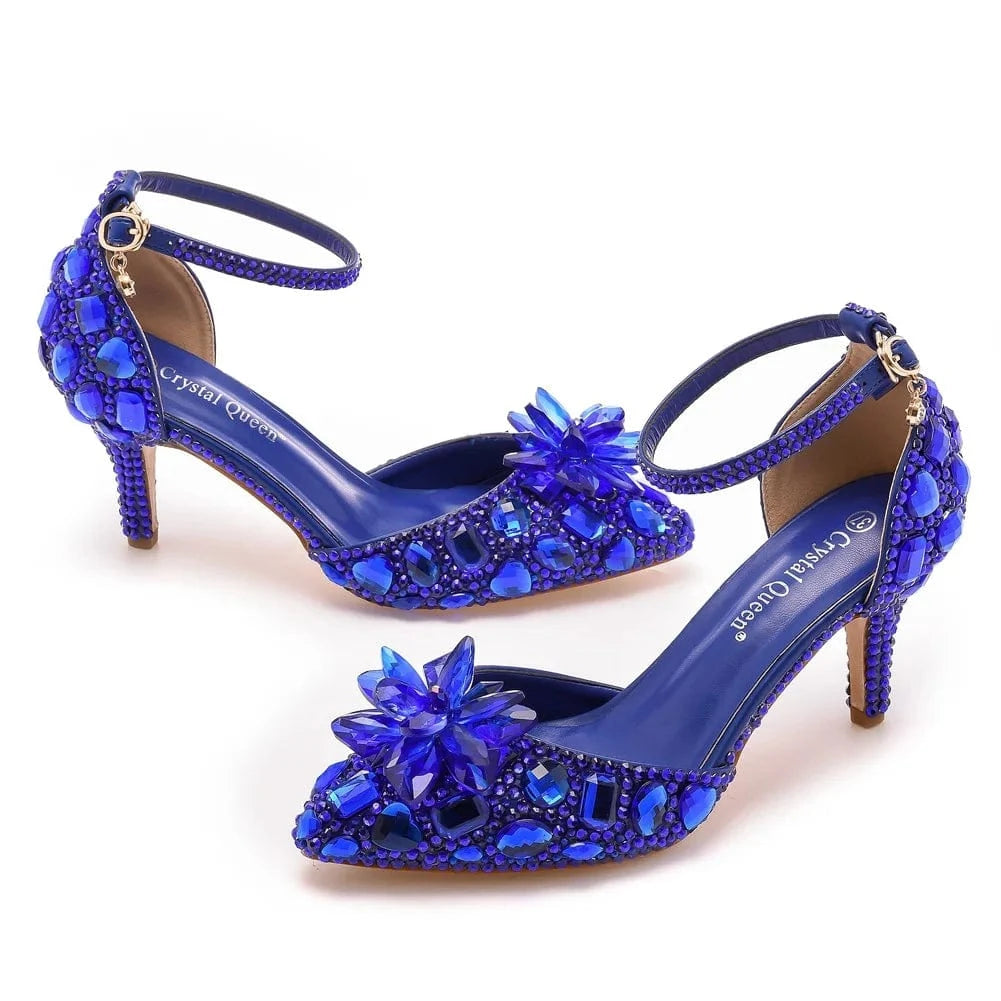 38 / Blue Chaussures Femme Luxury Crystal Buckle Pointed-toe Roman Shoes Slingback Hollow Out High Heel Sandals For Ladies Banquet Sandals
