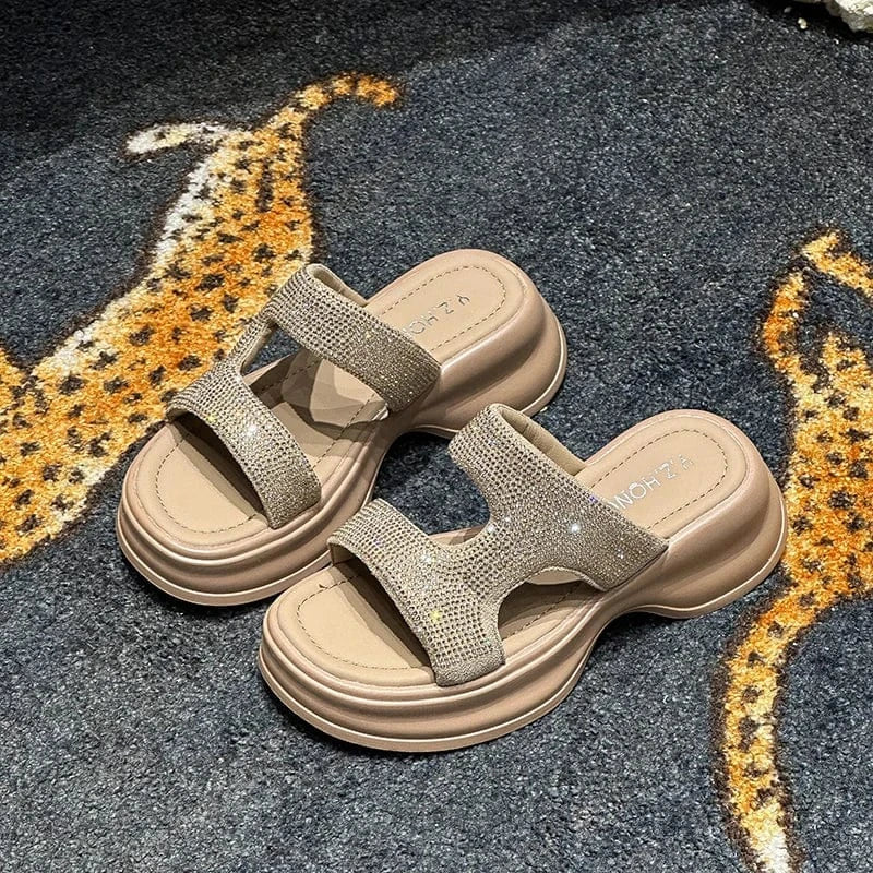 38 / Brown Dropshipping Custom Logo White Rhinestone Chunky Sandals Women Comfortable Ladies Wedges Slides Slippers