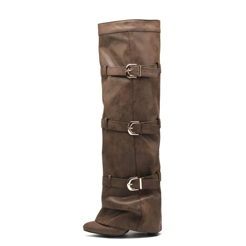 38 / Brown Women Belt Buckles Overlay Custom Styles Over Knee High Boots Ladies High Chunky Heels Shoes Folded Soft Suede Long Booties