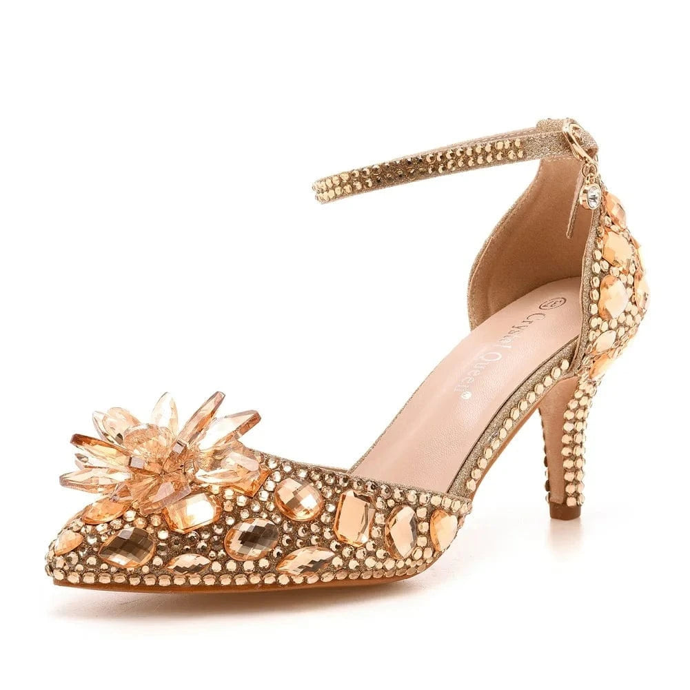 38 / Champagne Gold Chaussures Femme Luxury Crystal Buckle Pointed-toe Roman Shoes Slingback Hollow Out High Heel Sandals For Ladies Banquet Sandals