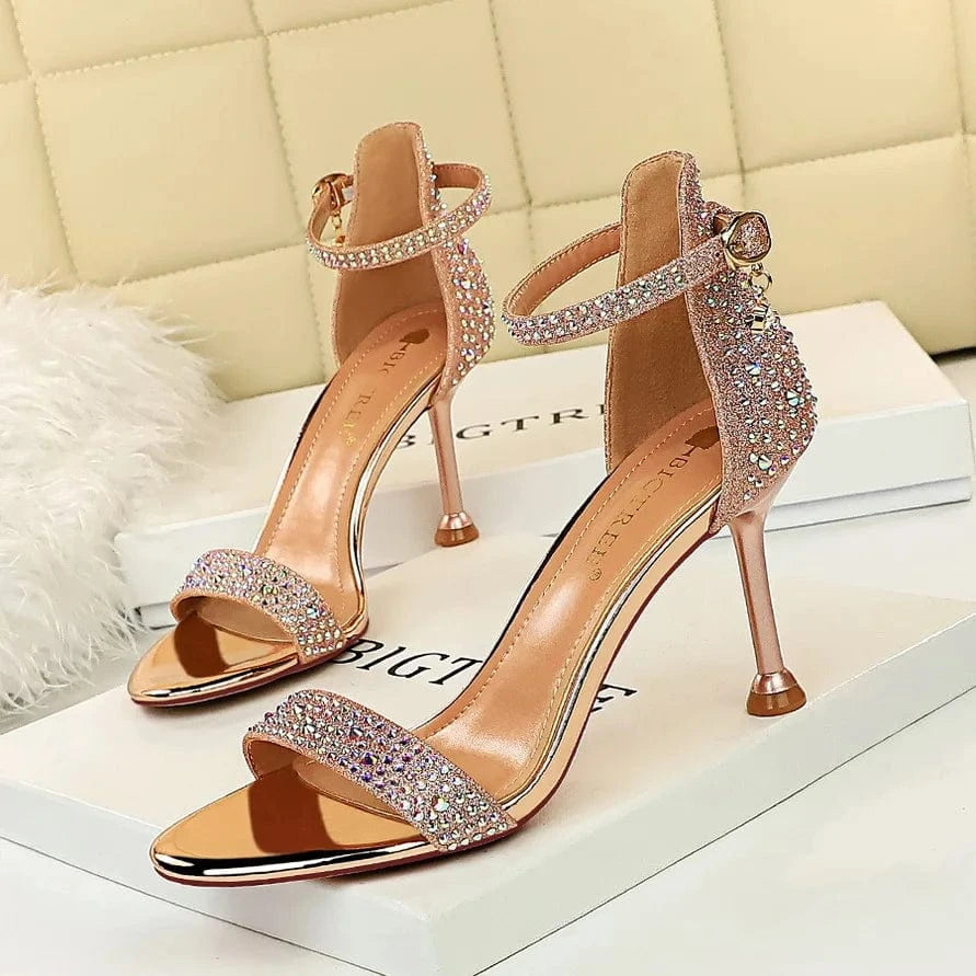 38 / Champagne Summer Sandals Women Luxury Bling Rhinestone Decor Shoes Open-toe T-strap Thin Heels Sandals For Ladies Banquet Travelling Shoes