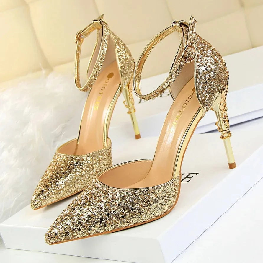 38 / Gold-9.5cm 283-5 Luxurious Trendy Ladies Sandals Hollow Out Party Metal Heel Shiny Sequin Slip-On High Heel Sandals Wedding Shoes For Bride