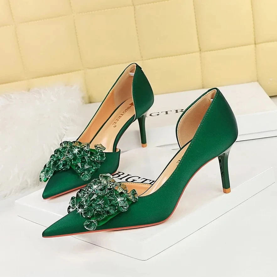 38 / Green 34-43 Banquet slim heels high heels Shallow cut pointed pump side hollowed out rhinestone bow high heel pumps summer
