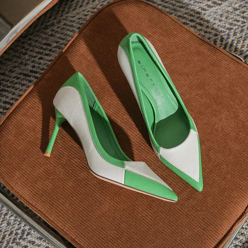 38 / Green 6cm Spring Women Stilettos Hot Sale Synthetic Leather Color Patchwork Shoes Wrap-toe Shallow High Heel Pumps For Ladies Career Shoes