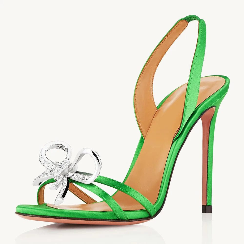 38 / Green new summer European and American large size silver bow diamond jewelry high heeled sandals
