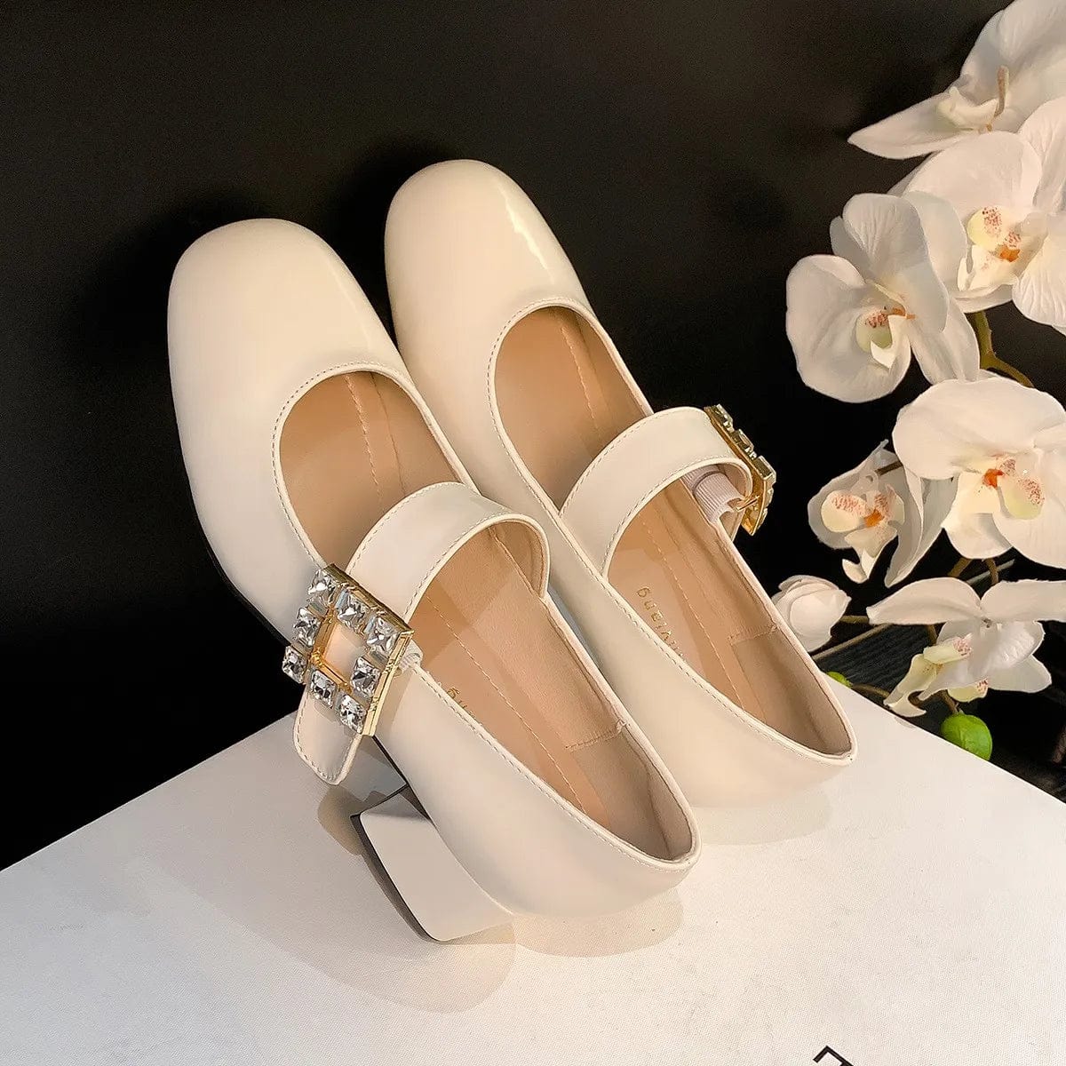 38,Insole length 240MM / apricot French Mary Jane Shoes size 35-40 Side Buckle Fairy Style High Heels for women