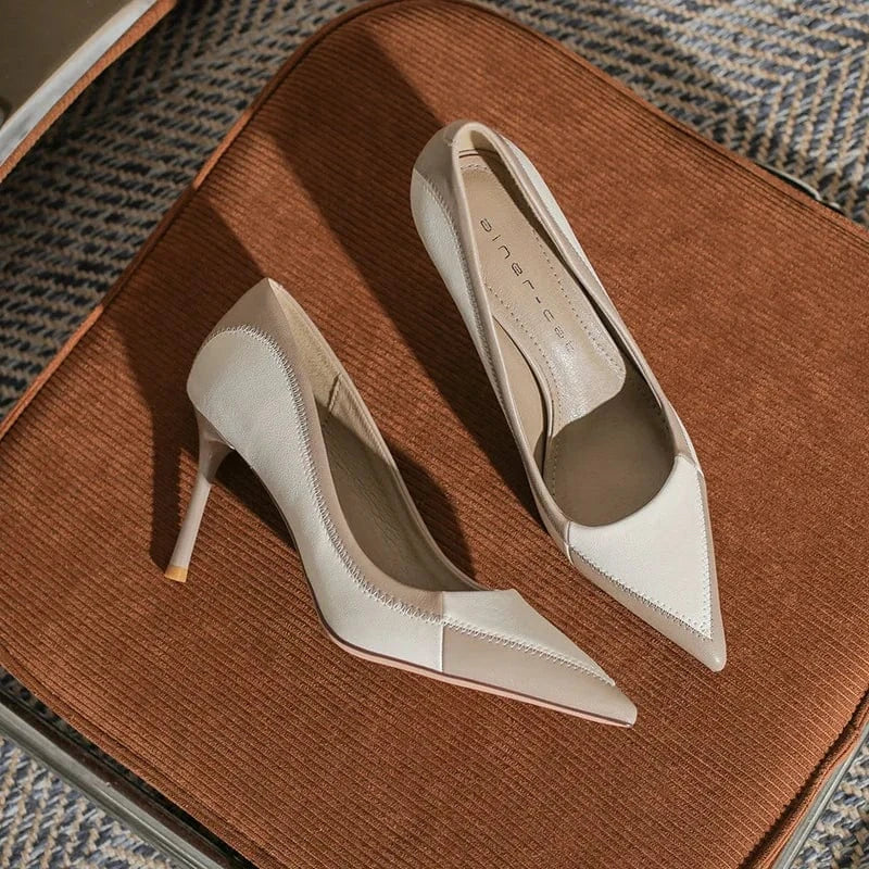 38 / Khaki 6cm Spring Women Stilettos Hot Sale Synthetic Leather Color Patchwork Shoes Wrap-toe Shallow High Heel Pumps For Ladies Career Shoes