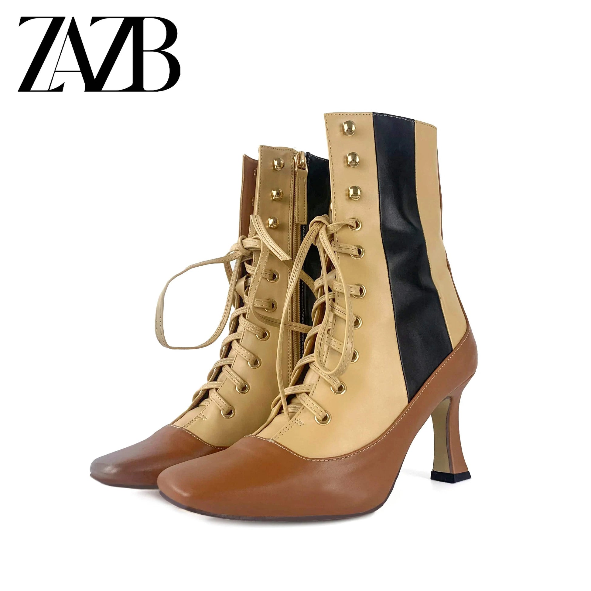 38 / khaki ZAZB Winter pointed women's mid length short boots with thin heels and lace up black women's ankle leather shoes