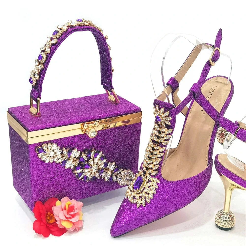 38 / Purple 2024 shoes women high heels pumps big bag matching shoe set Italian handbags for ladies