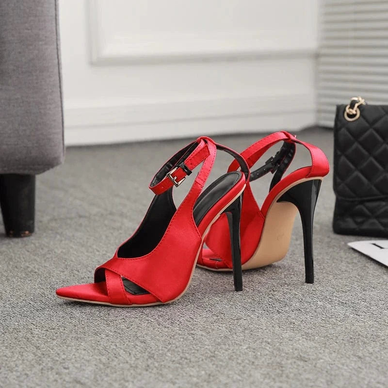 38 / Red 2022 latest catwalk women's shoes with satin pointed toe stiletto sandals