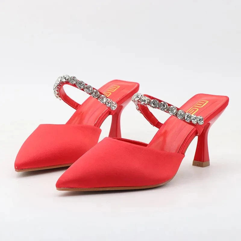 38 / Red Chaussures Femme Breathable Silk Satin Rhinestone Decor Shoes Pointed-toe Large Size High Heel Sandals For Ladies Outdoor Sandal