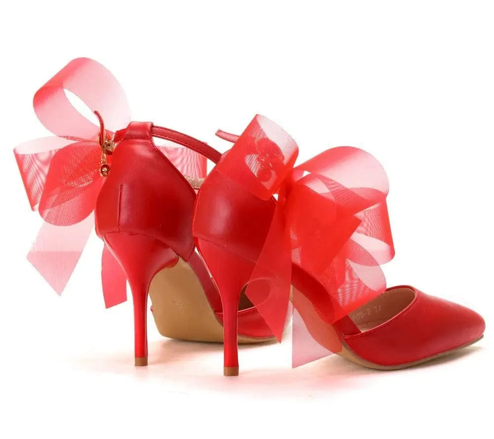 38 / Red Female Ankle Strap Lace Bow High Heels Shoes Sandals for Women Ladies Bride Wedding Heeled Sandals