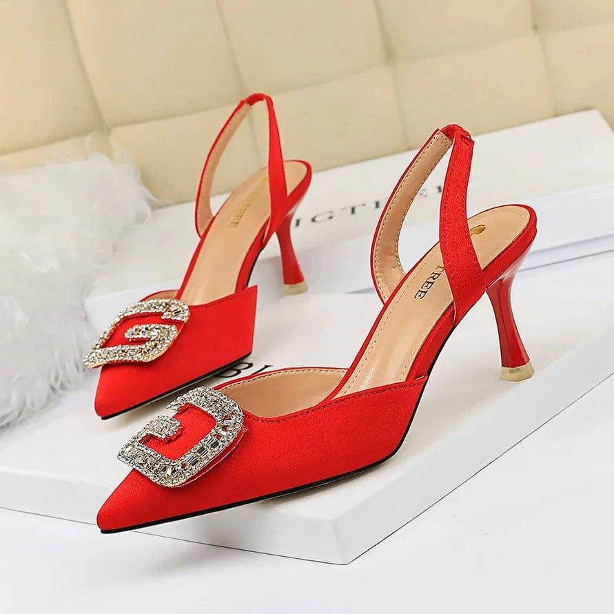 38 / Red Summer Sandals Women Comfortable Metal Rhinestone Buckle Shoes Suede Pointed-toe Hollow Out High Heels Sandals For Ladies Dating