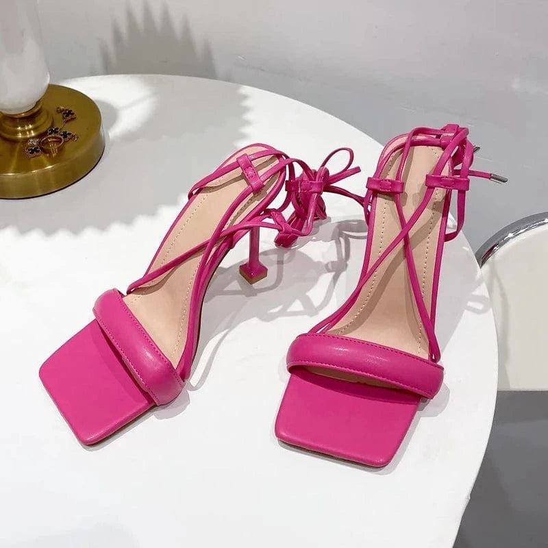38 / Rose Elegant Nightclub Lace-Up Shallow Outdoor Summer 2023 Fashion Cross-Tied Thin Heel Sandals High Sandalias Women's Heel Shoes