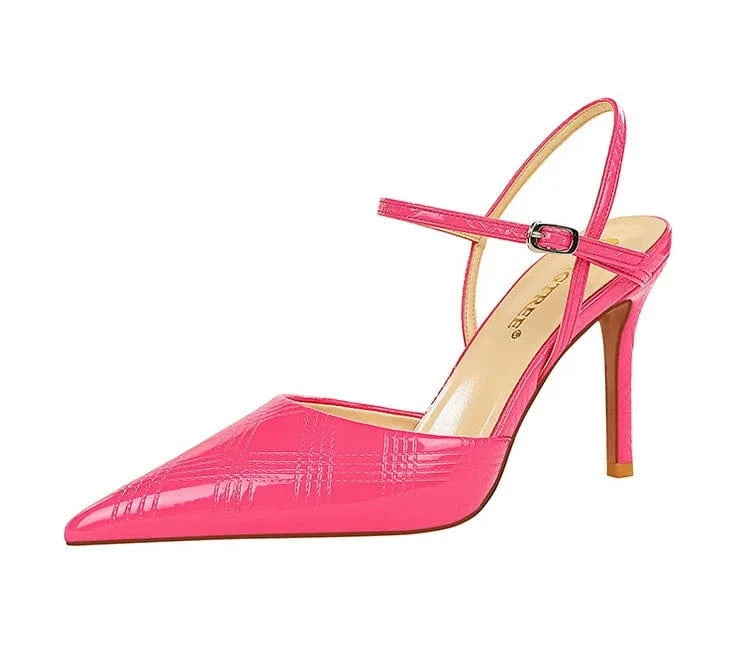 38 / Rose Red Chaussures Femme Sexy Patent Leather Pointed-toe Shoes Ankle Strap Hollow Out High Heel Sandals Ladies Nightclub Party Sandalias