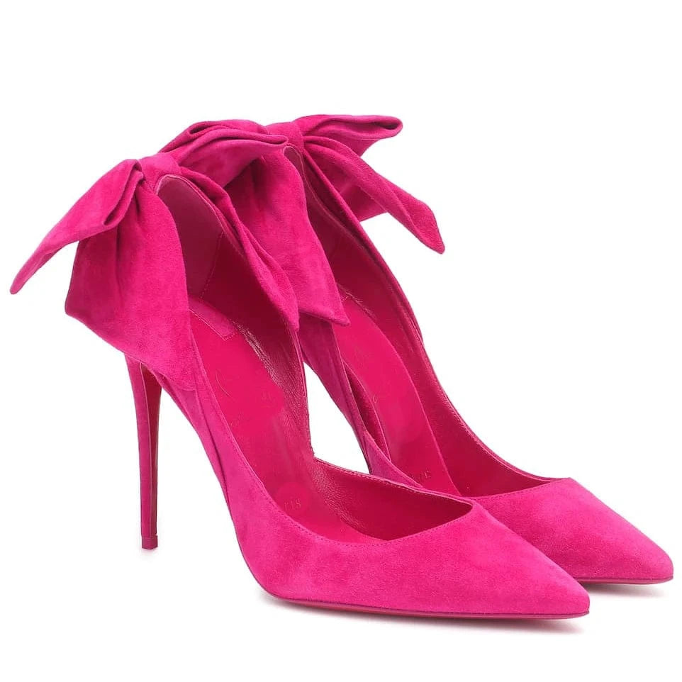 38 / rose red Women Designer Shoes Hot Pink Suede Bow Pointed Toe Stiletto Heels Bridal Shoes For Ladies And Women Heel's Pumps