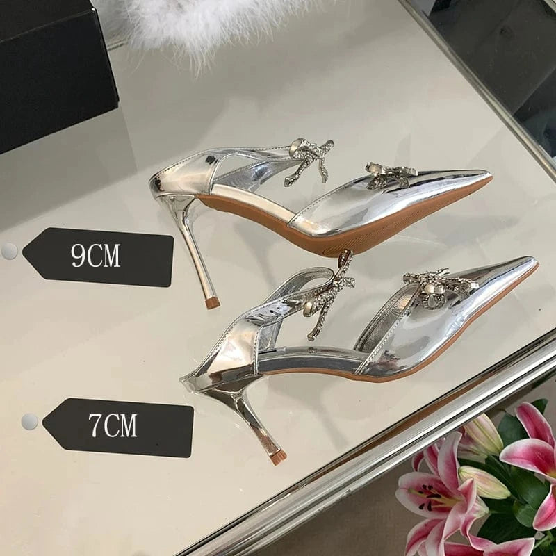 38 / silver Aneikeh Sexy Grey Slip-On PU Pointed Slingbacks Single Shoe Shallow Wedding Dress Women Crystal Bow Stiletto Heels Summer 2023